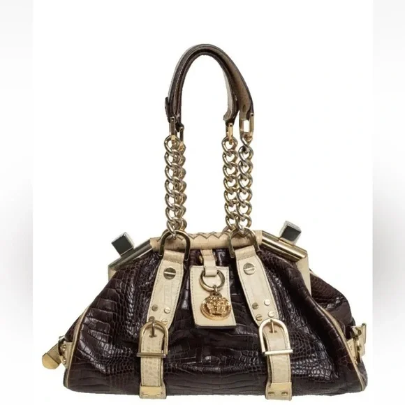 Vintage Versace Brown/Cream Croc EmbossedLeather Madonna Satchel NWT - Picture 1 of 12